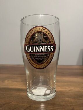 Guinness Clear Pint Glass with Black, Gold, Red Logo